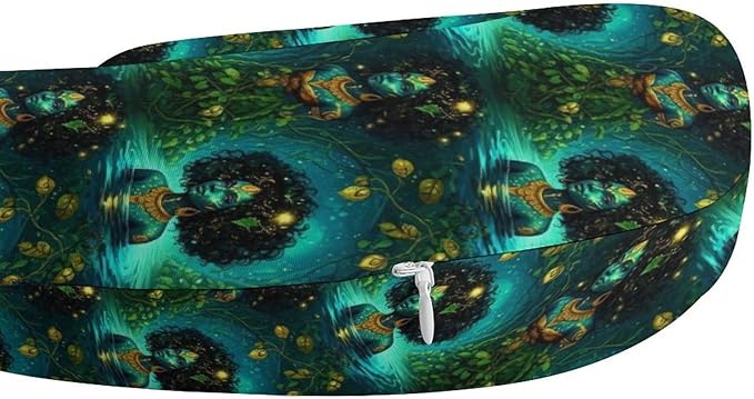 Fashion Travel Pillow Memory Foam Chin Head Support African American Black Woman Girl Art Green, Breathable Washable Cover for Women Men Airplane Car Decor
