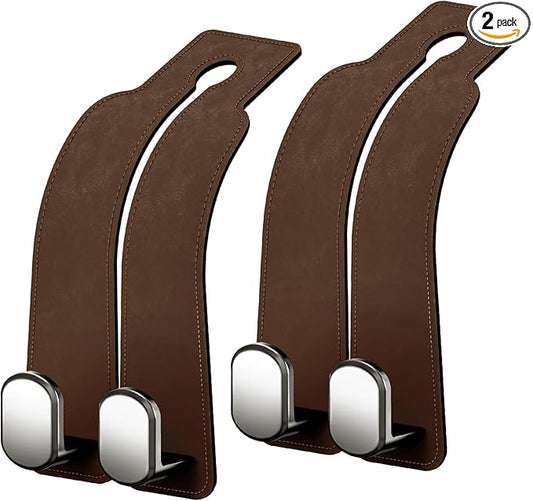AMINOR 2 Pack Car Seats Hooks for Headrest, 2-in-1 Premium Leather Car Headrest Hanger with Metal Hooks, Car Seat Back Storage Hooks for Purses, Handbags, Phone (Brown)