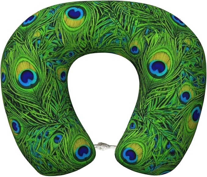Neck Pillow Memory Foam Chin Cushion with Breathable Cover Animal Beautiful Peacock Feather Green, Cute Airplane Car Pillows for Office Head Pain Relief