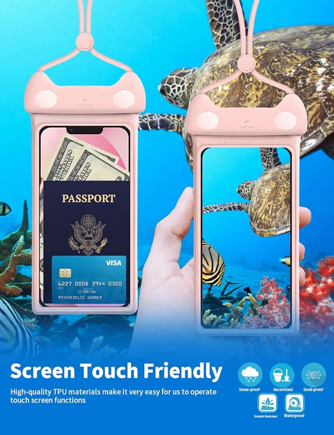 wellhouse Waterproof Phone Pouch, Waterproof Phone Case for iPhone 16 15 14 13 12 Pro Max XS Samsung, IPX8 3D Cellphone Dry Bag Beach Essentials (2 Pack - Meow Pink & Blue7.0, 7 inch)