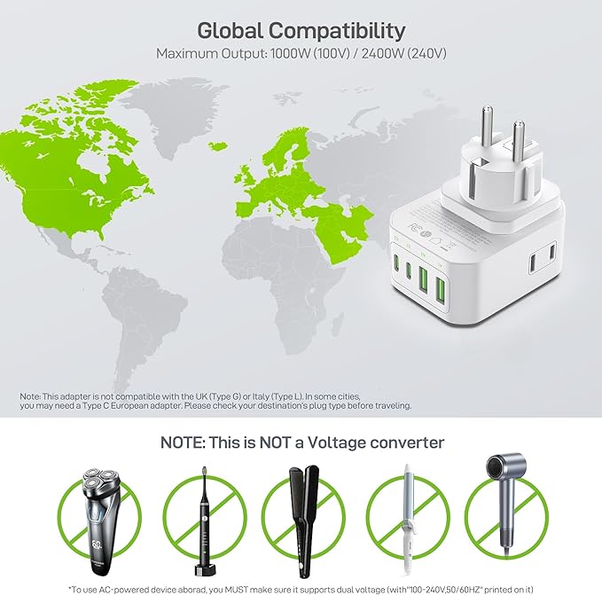 EPICKA Hybrid Travel Plug Adapter, 2 Packs Foldable & Detachable Type EF VisaPlug, 8-in-1 International Power Adapter with 4 USB Ports (2 USB-C PD 20W), Travel Essentials for US to German France