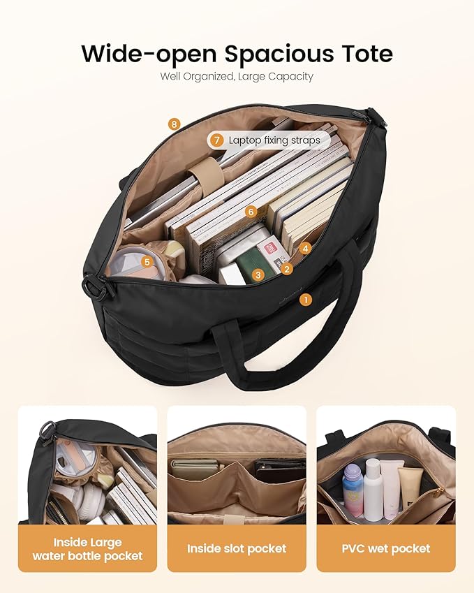 LOVEVOOK Quilted Duffle Bag for Travel,48L Gym Bag for Women with Wet Pocket,Water Resistant Weekender Overnight Bag Tote Bag for Women with Laptop Compartment(Black)