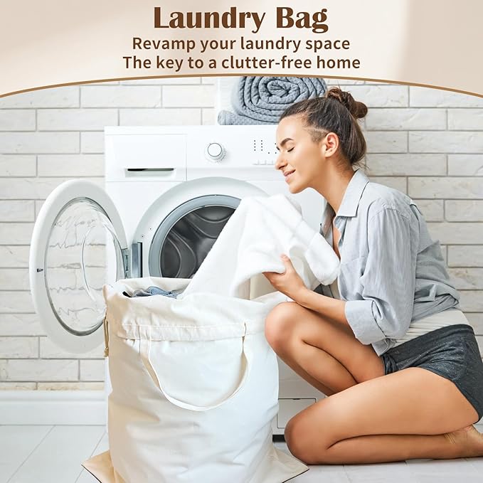Canvas Laundry Bag with Handles & Drawstring Closure 27.5”x35", Thick Cotton Laundry Bag Large Heavy Duty Washable Dirty Clothes Travel Sack for Camp, College Dorm, Laundromat (Beige L, 2 Pack)