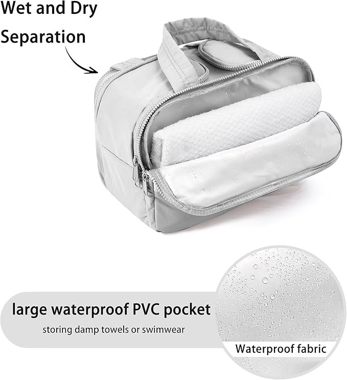 Travel Toiletry Bag for Women, Large Wide-open Puffy Cosmetic Makeup Bag with Wet-Dry Separation, Multi-Pocket Organizer with Carry Handle for Toiletries, Cosmetics, Essentials, Light Grey