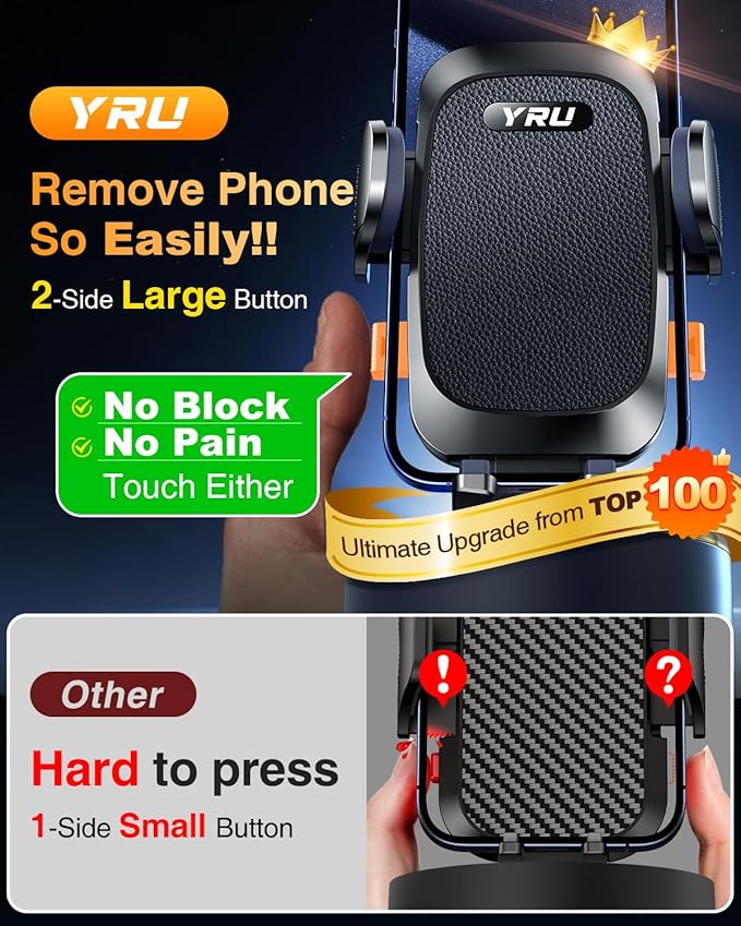 YRU True Military-Grade [360° Rotation Suction] 2025 Ultimate Car Phone Holder Mount 【90+LBS Safest Strongest & Patent Certs】 Dashboard Windshield Vent for iPhone 17 16 Pro Max Samsung, Matt Black