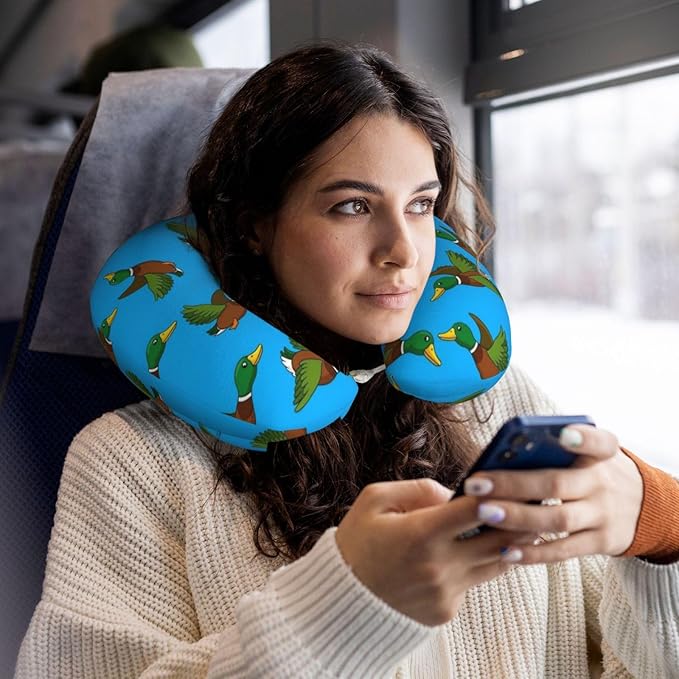 Comfortable Memory Foam Neck Pillow Cute Mallard Ducks, Travel U Shaped Airplane/Car/Flight Pillows with Removable Zipper Cover, Chin Head Neck Support Cushion