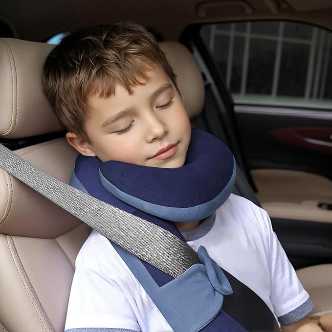 Kids Travel Neck Pillow, Comfortable Head & Chin Support for Car seat & Airplane, Toddler Pillow for Sleeping on Road Trip, Gifts for Child (Light Blue & Dark Blue)
