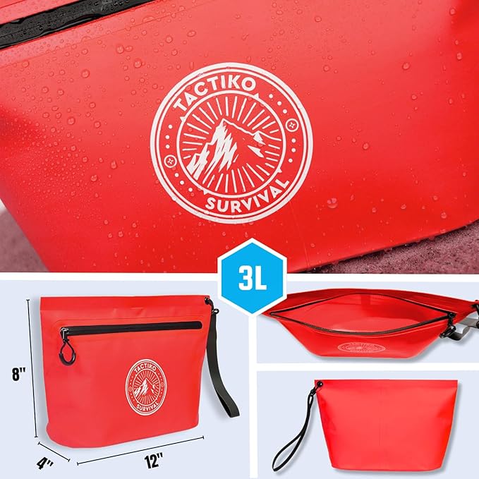 Tactiko 3L Water Resistant Pouch - Waterproof Material w/Splashproof Zipper - Hold All Zipper Bag for Storage, Toiletries, Travel, Beach, Cruise, Home (Red)