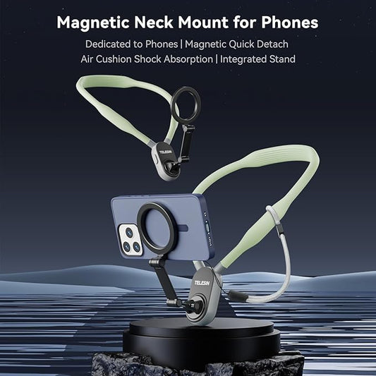 TELESIN° Magnetic Neck Mount for Phones, Cell Phone Holder Stand Hanging on Neck POV/Vlog Selfie Hand Free Necklace Phone Strap Video Recording for iPhone 16 15 14 13 12 Seires Android Phones (Green)