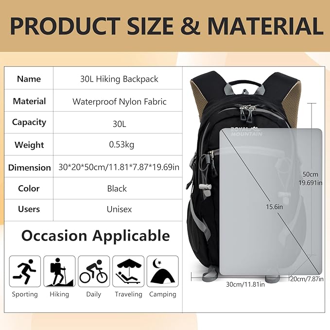 Hiking Backpack With Rain-cover, 30L Travel Backpacks For Women Men, Camping Daypack Backpacks Lightweight, Durable Hiking Backpack Fit For Camping,Daily Commuting, Short Trips (Black)