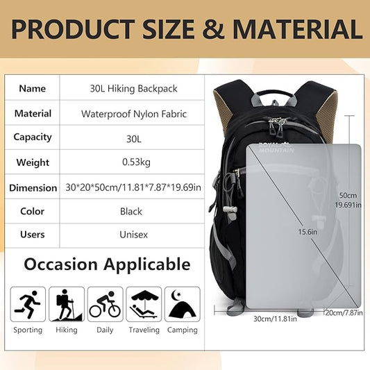 Hiking Backpack With Rain-cover, 30L Travel Backpacks For Women Men, Camping Daypack Backpacks Lightweight, Durable Hiking Backpack Fit For Camping,Daily Commuting, Short Trips (Black)