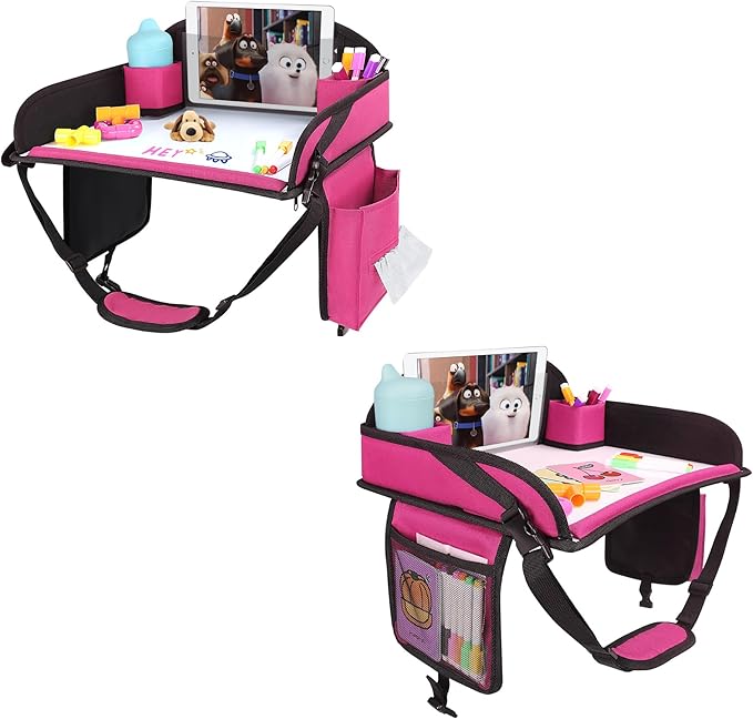 WENRENER Kids Travel Tray for Airplane - Toddler Car Seat Table Tray, Road Trip Essentials for Boys & Girls, Carseat Lap Desk for Kids Road Trip Activities (Pink-2PCS)