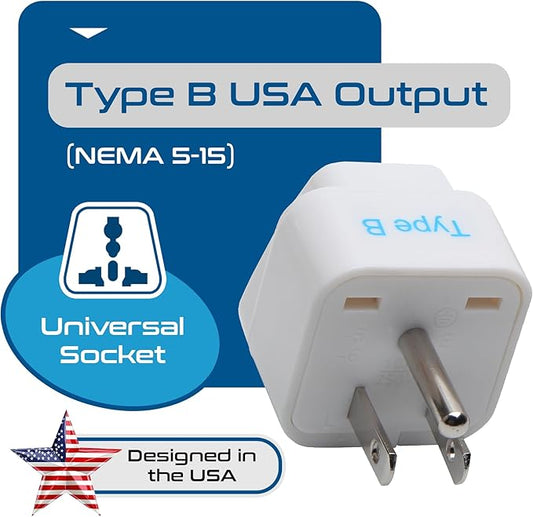 Ceptics Europe to US plug adapter, Type B USA Plug adapter compatible with plugs from Europe, India, and other countries - India to USA plug adapter is CE Certified & RoHS Compliant, White, 3 Pack