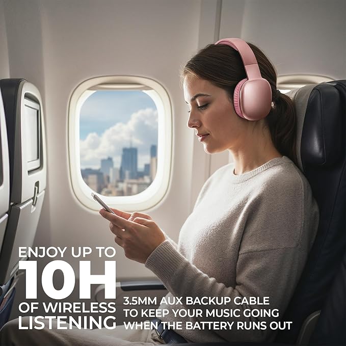 iJoy Ultra Wireless Over-Ear Bluetooth Headphones with Mic, Up to 10 Hours Playtime, Bluetooth Headset 33Ft Range with Backup AUX Cable & SD Slot, Wireless Headphones for Gaming, Work & Gym (Pink)