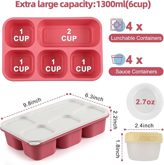 Caperci Large Bento Lunch Boxes for Adults & Kids - 5 Compartment Lunchable Snack Box Containers, Built-in 4 Leak-Proof Dipping Sauce Cups, Reusable Food Storage Containers, 4-Pack (Vintage Colors)