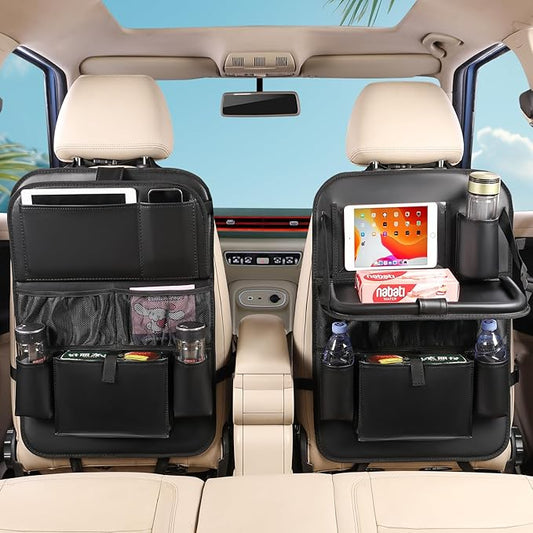 Leather Car Backseat Organizer with Tablet Holder - 9 Large Storage Pockets, Foldable Food Tray & Anti-Scratch Kick Mats - Universal Car Seat Protector for Kids, Pets & Travel Accessories 1 Pack
