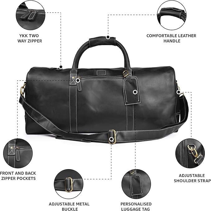 Leather Village Leather Duffel Bags for Men & Women-Stylish Travel Weekender Carry-On Sports Gym Overnight Luggage Bag - 20 Inch - Black