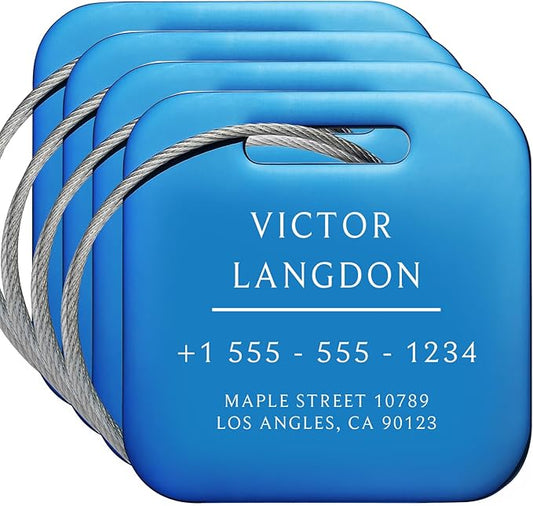 Stainless Luggage Tags for Suitcases 4 Pack: Metal Personalized Luggage Tags for Backpacks & Bags with Customizable Texts (Blue)