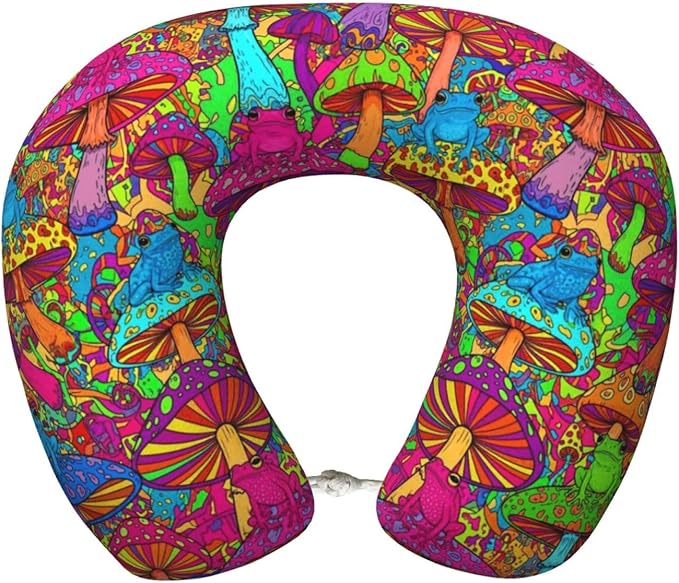 Support Neck Pillow for Youth Travel, Washable Airplane Chin Supporting and Relax U Shaped Pillows Watercolor Frogs Trippy Mushroom Cartoon