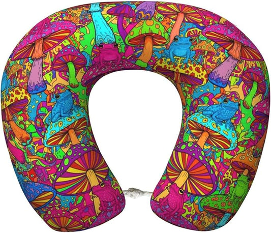 Support Neck Pillow for Youth Travel, Washable Airplane Chin Supporting and Relax U Shaped Pillows Watercolor Frogs Trippy Mushroom Cartoon