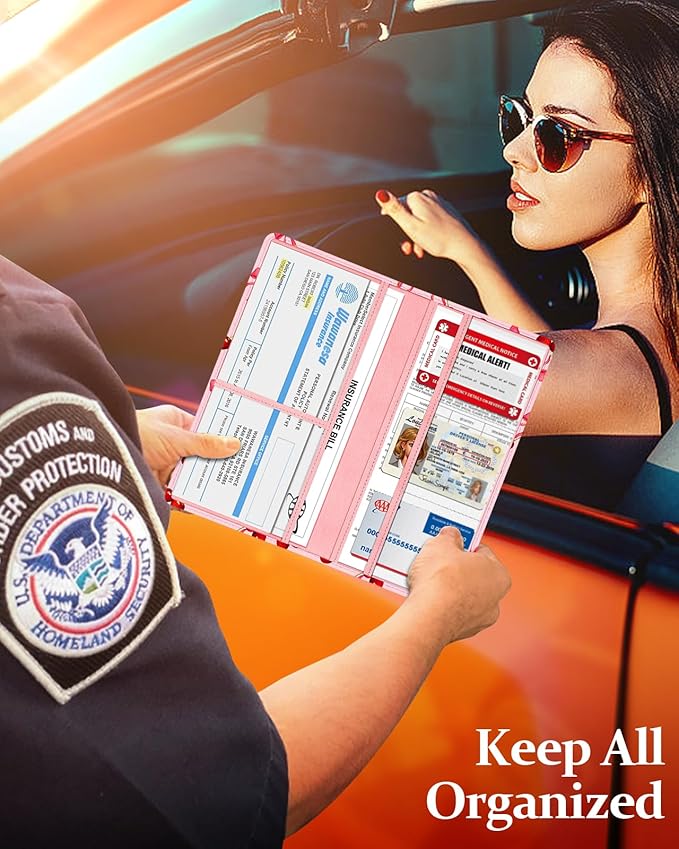 Slohif Car Registration and Insurance Holder - Cherry Vehicle Glove Box Organizer Women with Magnetic Shut Leather Automobile License Holders Coasters Auto Accessories Case for Document