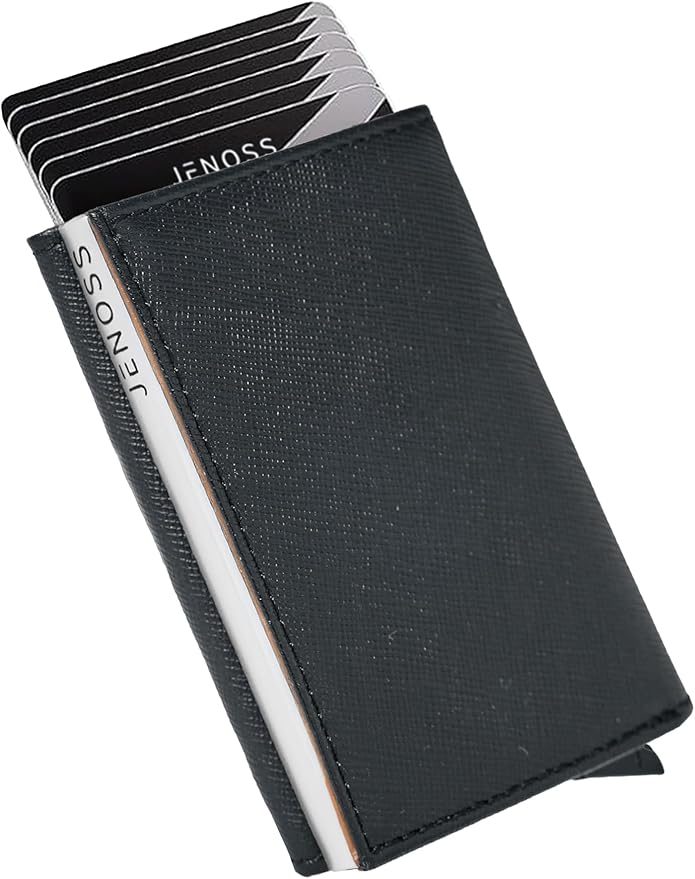 Jenoss Smart Wallet For Men: Full Grain Leather, Handcrafted, Silver Metal Pop Up Case, Slim RFID Blocking Credit Card Holder, Minimalist Compact 12 Cards Slot Organizers ID Money Clip (Black & Brown)