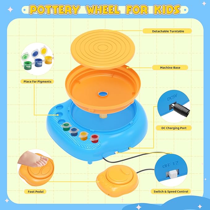 Weilim Pottery Wheel for Kids Complete DIY Pottery Painting Kit for Ages 8-12 Beginners with 4 Air-Dry Clay Packs and Tools, Arts Supplies Toys Birthday Gift for Boys Girls 6+ Years Old (Blue)