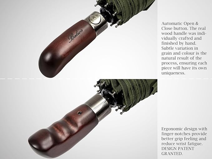 Balios Travel Folding Umbrella with Real Wood Handle Auto Open Close Vented Windproof Canopy - Designed in UK