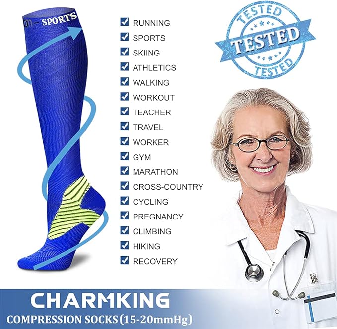 CHARMKING Compression Socks for Women & Men Circulation (8 Pairs) 15-20 mmHg is Best Support for Athletic Running,Cycling
