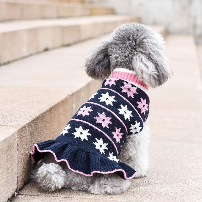 KYEESE Dog Sweater for Small Dogs Warm Pet Coats Fall Winter Dogs Clothes for Girl Dog Sweater Dress with Leash Hole Knit Pullover Turtleneck Pet Sweater with Snow Flake Pattern, Girl Navyblue, Large