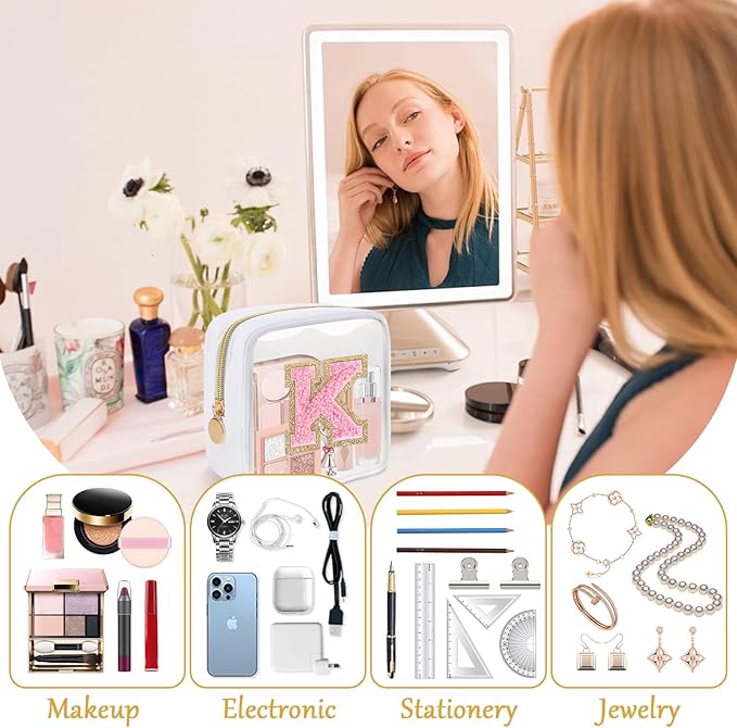 Personalized Initial Letter Clear Preppy Makeup Bag,Mini Nylon Chenille Letter Cosmetic Bag Cute Zipper Pouch Purse for Teen Girls,Portable TSA Approved Beach Travel Essentials Bag Gift for Women,K