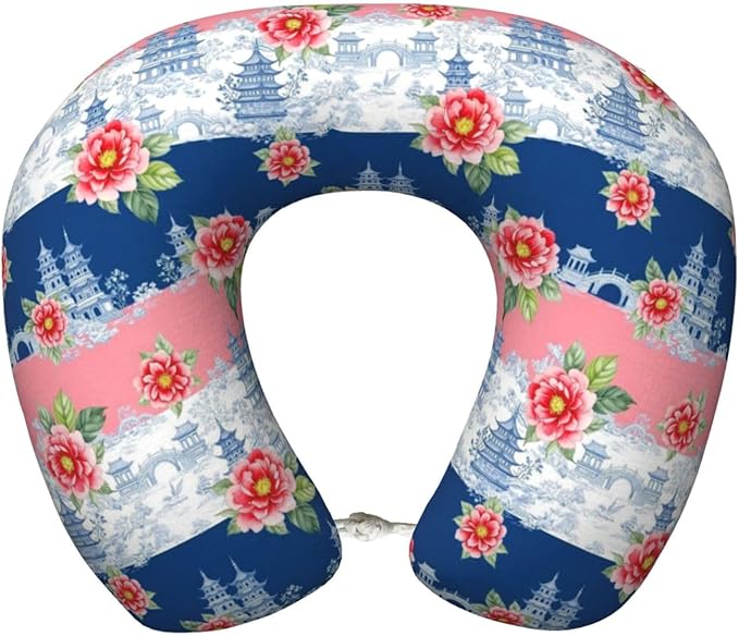 Neck Pillow Memory Foam Chin Cushion with Breathable Cover Pink Watercolor Peony Blue Chinoiserie, Cute Airplane Car Pillows for Office Head Pain Relief