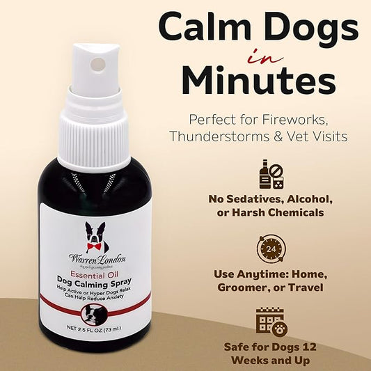Warren London Calming Aromatherapy Spray for Dogs – 2.5 oz Essential-Oil Blend (Lavender, Vetiver, Clary Sage & Sweet Orange) | Fast-Acting Anxiety Relief for Fireworks, Storms, Grooming | Made in USA