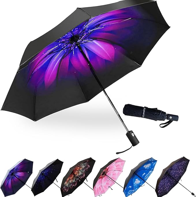 LLanxiry Compact Travel Umbrella, 44" Canopy, Automatic Open/Close Windproof Umbrella, 210T Pongee, 8-Rib Fiberglass, Travel Size Mini, Portable Rain/Sun Umbrellas UPF 50+ with Cover