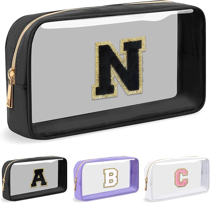 Personalized Initial Letter Clear Makeup Bag,Preppy Small Nylon&PVC Cosmetic Zipper Bag with Chenille Letter,Travel Skincare Toiletry Bag,Monogram Christmas Gift for Teen Girls Women,N