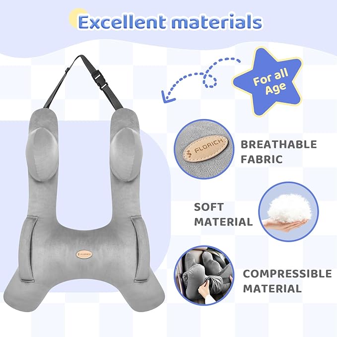 FLORICH Kids Travel Pillow, Car Sleeping Travel Pillow for Kids, Washable H-Shaped Pillow for Adults and Children to Support Head and Body for Road Trips Pillow for Car (Grey)