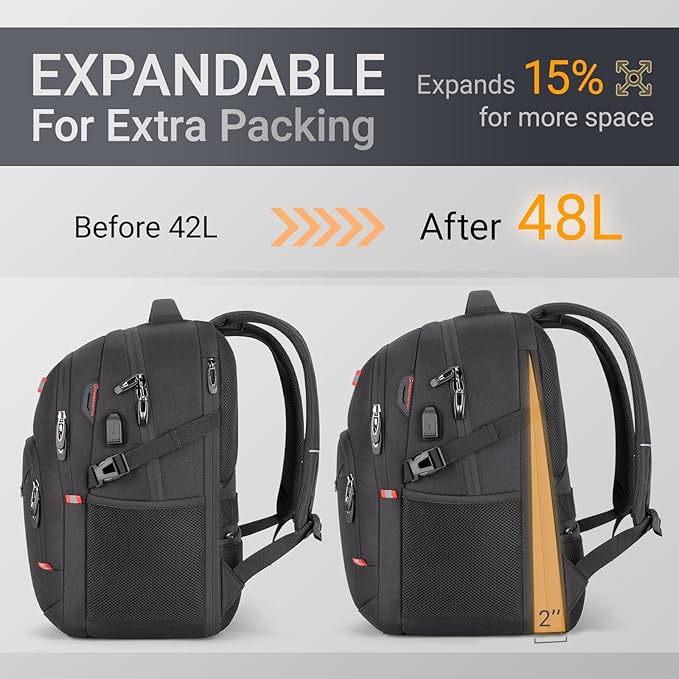 48L Expandable Laptop Backpack, Anti-thief Travel Backpack with USB Charging Port, Airline Approved Business Waterproof Carry on Luggage, Fits 17.3" Laptop for Men Women