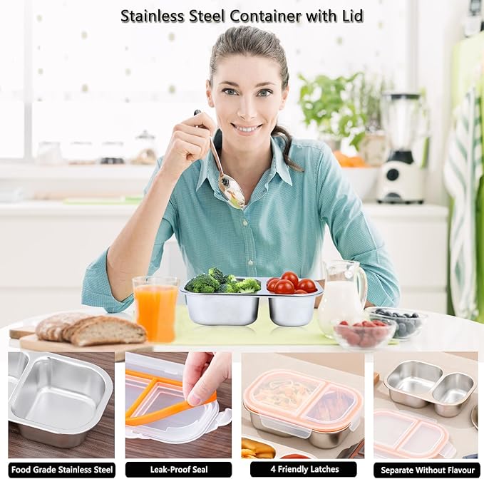 Ahongwenxi Large Stainless Steel Snack Box Containers, Reusable 2 Compartment Condiment Box with Lids, Food Container Sauce Cups, Divided Food Storage Containers for Home and Travel (Clear Lid)
