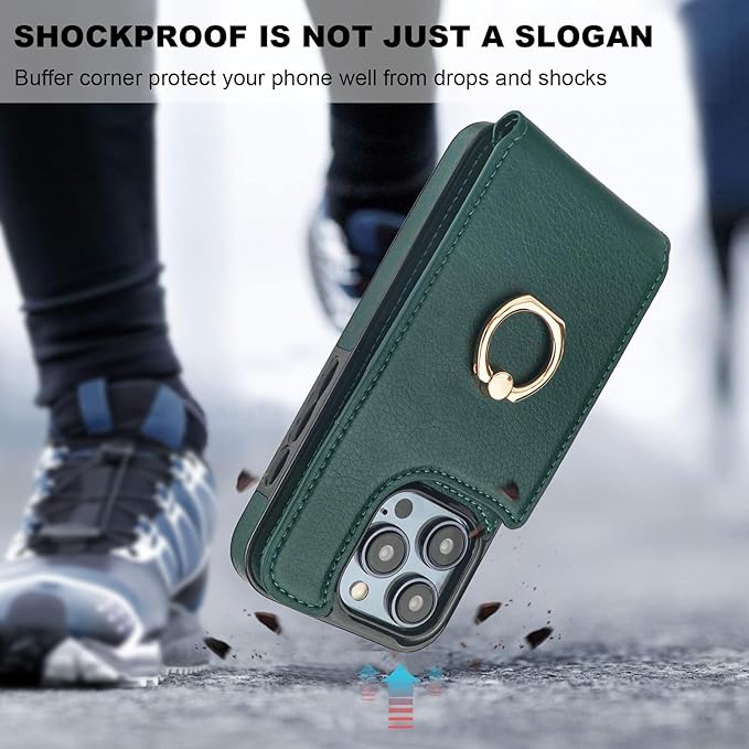 Folosu Compatible with iPhone 15 Pro Case Wallet with Card Holder, 360°Rotation Finger Ring Holder Kickstand, RFID Blocking Leather Protective Double Buttons Shockproof Cover 6.1 Inch Dark Green