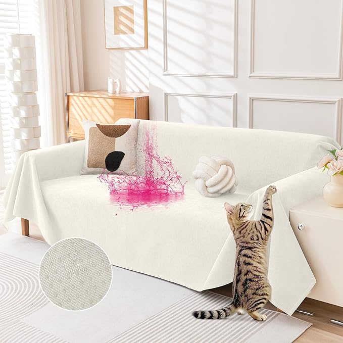 Deep Dream Cat-Scratch Resistant Couch Cover, Waterproof Sofa Cover for 3 Cushion Couch Washable, Pet Friendly Couch Protectors Anti Slip Thickened Sofa Slipcovers for Dogs Pets, 71" x 134", Beige