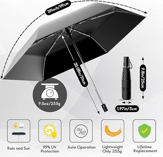 Automatic Mini Travel Windproof Folding Umbrella - UV Protection, Instant Open/Close for Rain/Sun, Small Compact Lightweight Design Fits in Tote Bag/Travel Case/Backpack for Commute, Women & Men