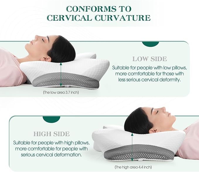Cervical Pillow for Neck and Shoulder Support - Ergonomic Memory Foam Orthopedic Cervical Pillows with Removable Cover & Adjustable Heights for Side Back Stomach Sleepers (White)