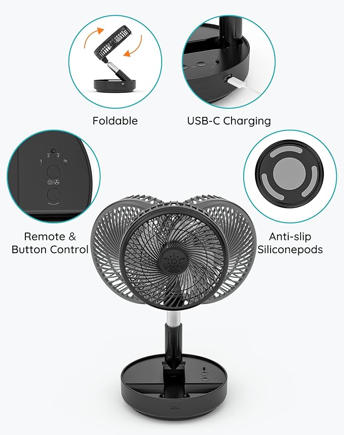 Primevolve Portable Oscillating Standing Fan,Rechargeable Battery Operated USB Floor Table Desk Fan with Remote, Bedroom Camping Travel Fans Black 7.7"