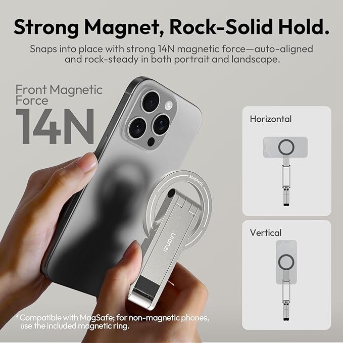 ULANZI MA60 Magnetic Phone Tripod Stand for iPhone - Aluminium Smartphone Mini Tripod Pocket Cell Phone Stand Strong Magnet Quick Mount Compatible with iPhone 16 15 14 13 13 Series, Silver