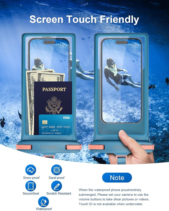 wellhouse Waterproof Phone Pouch, Waterproof Phone Case for iPhone 16 15 14 13 12 Pro Max XS Samsung, IPX8 3D Cellphone Dry Bag Beach Essentials (1 Pack - Blue8.0, 8 inch)