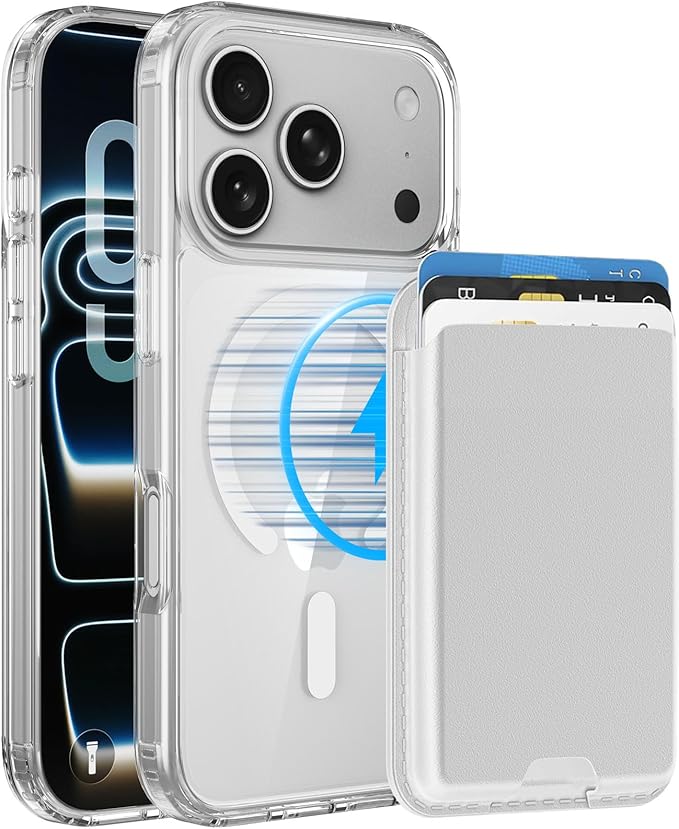 Ntwinro Magnetic for iPhone 17 Pro Clear Case (Compatible with MagSafe) with White Detachable Wallet & Card Holder for 3 Cards [RFID Blocking] Military Grade Protective Slim Phone Cover