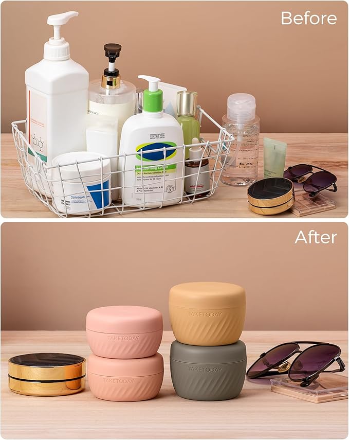 TakeToday Travel Containers for Toiletries, Leak-proof, TSA Approved, Refillable Silicone Cream Jars with Lid Travel Size Essential for Cosmetic toiletry Cream, 3oz, 4 Pack (Apricot)