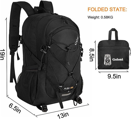 45L Hiking Backpack with Rain Cover, Lightweight Foldable Camping Backpack for Trekking, Water-Resistant Daypack with Hiking Pole & Mat Carrying System,Black
