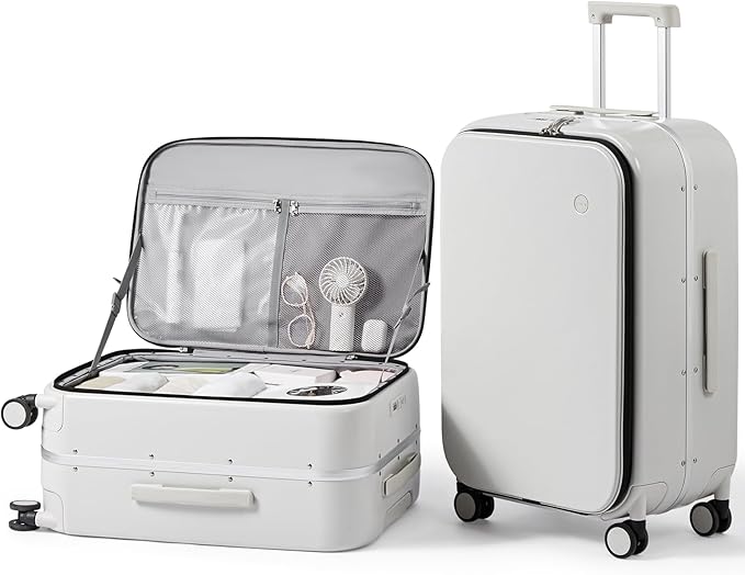 mixi 24 Inch Checked Luggage PC Hard Shell Suitcase Top Opening Aluminum Frame Travel Suitcases with Wheels, Smoke White
