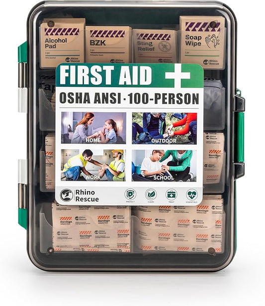 RHINO RESCUE First Aid Kit for Business - Plastic Wall Mounted First Aid Box, Hard Case Emergency Kit for Home, Office, Workshop, Restaurant (Green)